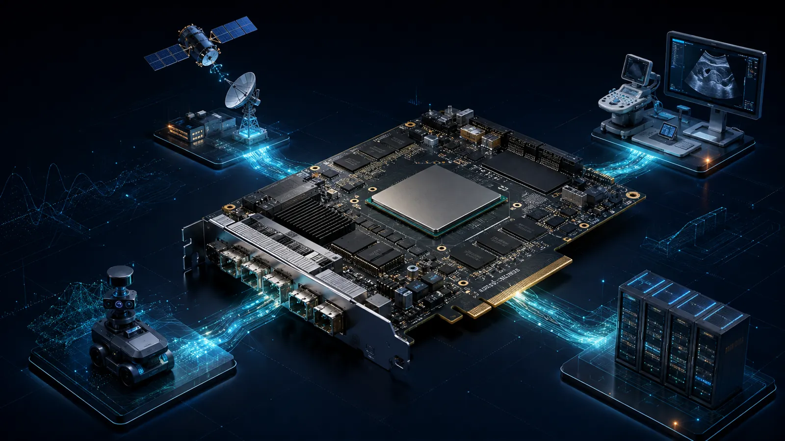 Concept illustration of an FPGA platform connected to satellite, medical-imaging, autonomous and datacenter systems