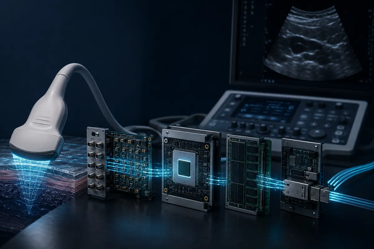 Concept illustration of medical acquisition, FPGA signal processing and a diagnostic workstation